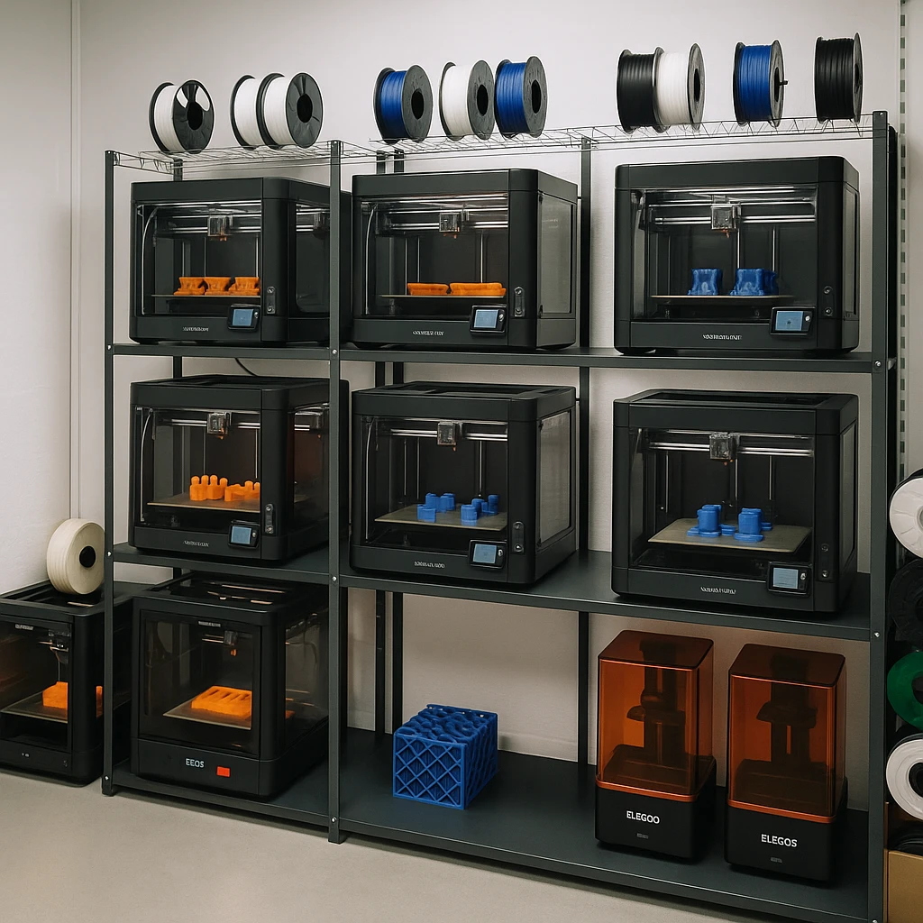 Moderne 3D-Printfarm mit Bambu Lab P1S Core XY Druckern für professionelle Serienfertigung in Freiburg