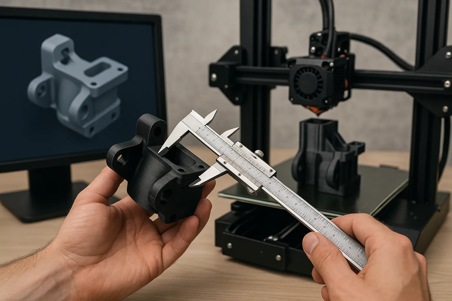 FDM 3D-Druck Bauteil: Präzisionsprüfung mit Schieblehre für CAD-konformes Drucken
