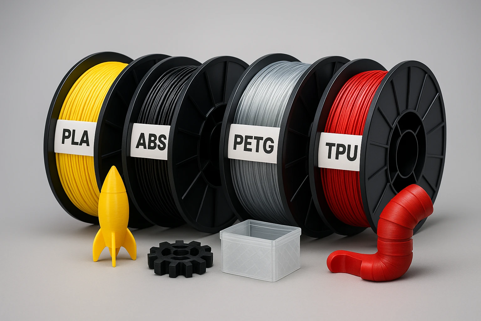 FDM 3D-Druck Materialvielfalt: PLA, ABS, PETG und TPU Filamente für verschiedene Anwendungen